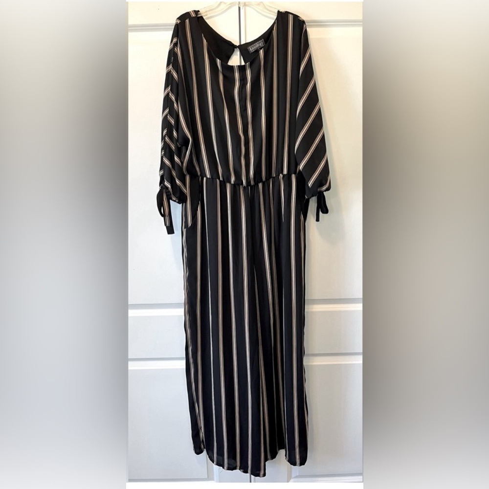 Luxology Black Striped Midi Jumpsuit with Cream and Tan Accents